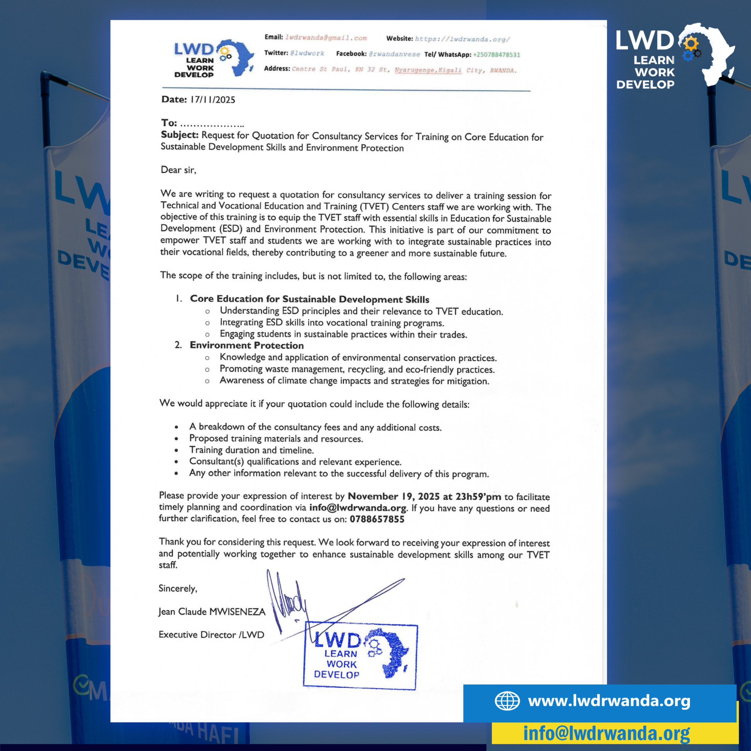 Request for Quotation for Consultancy Services for Training on Core Education for Sustainable Development Skills and Environment Protection